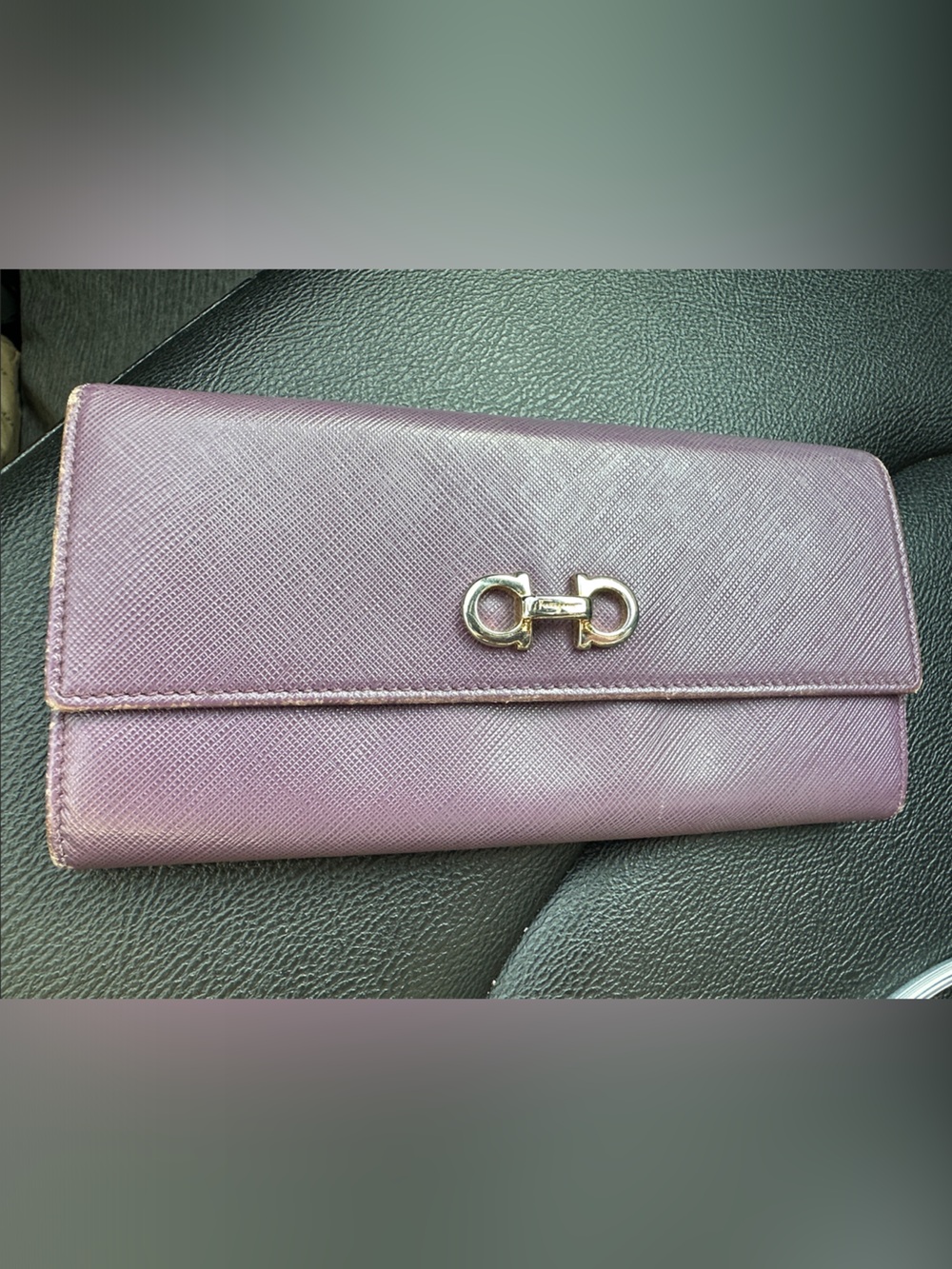 Salvatore Ferragamo leather long wallet in Plum with gold hardware
